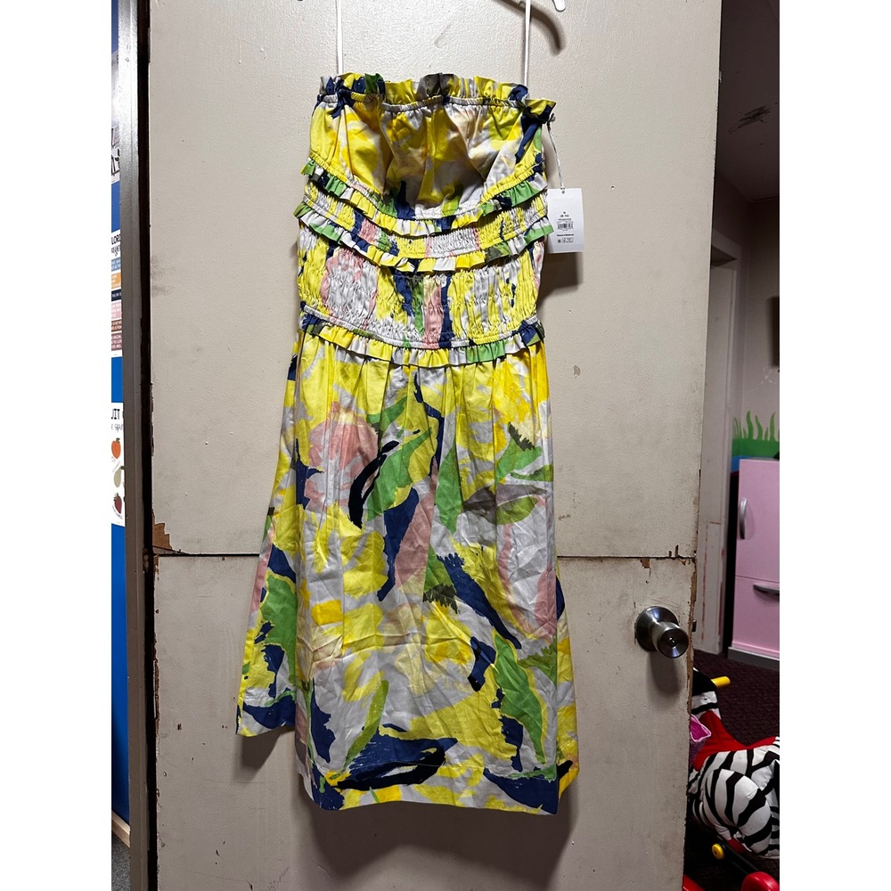 Free Assembly Strapless Smocked Midi Dress Yellow Floral Abstract Cotton M 8-10
